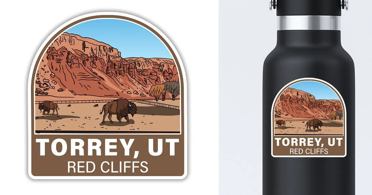 sticker of Red Cliffs on a water bottle