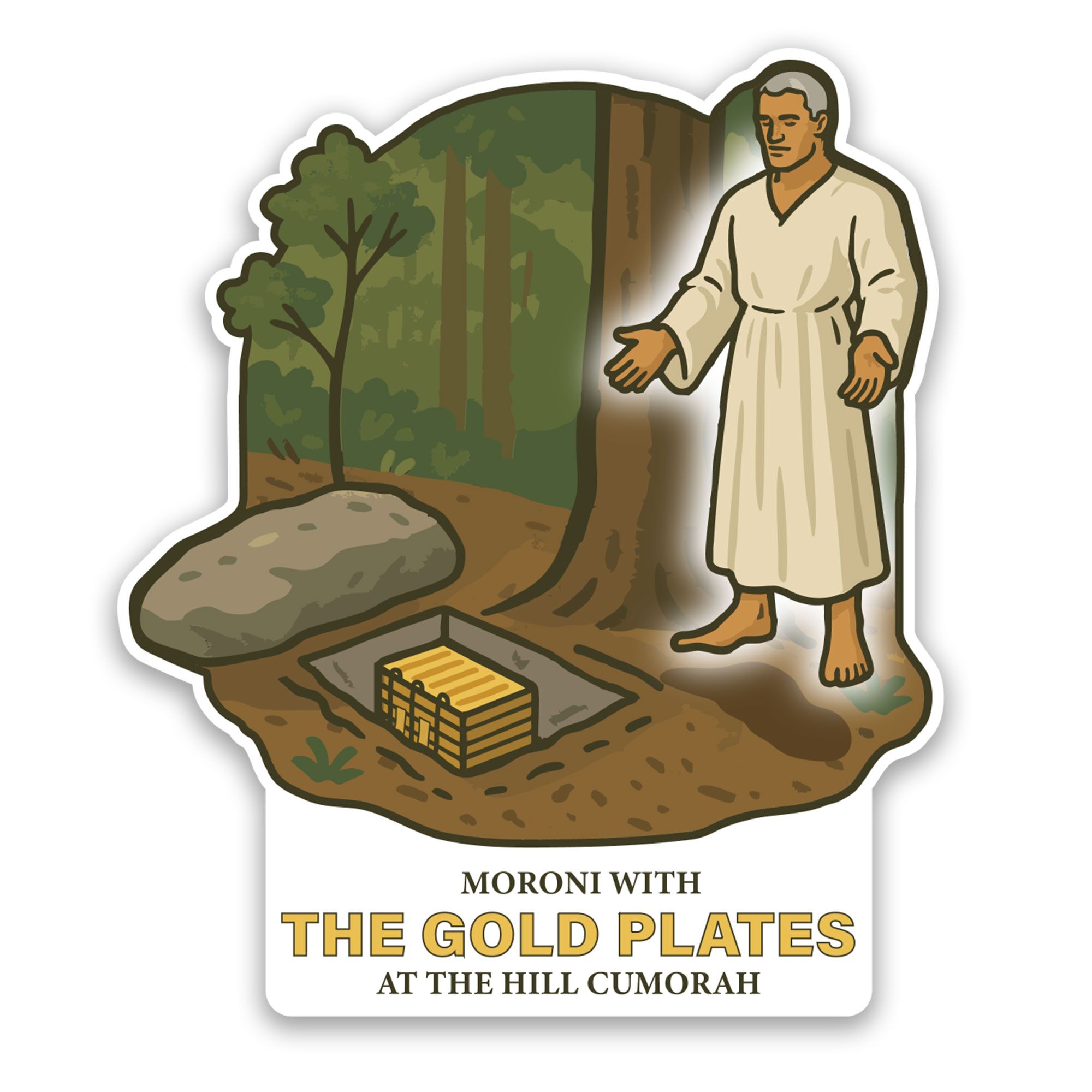 Moroni Sticker with Gold Plates Hill Cumorah
