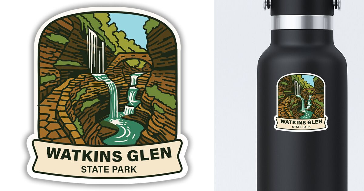 Watkins Glen State Park sticker of the falls displayed on a water bottle