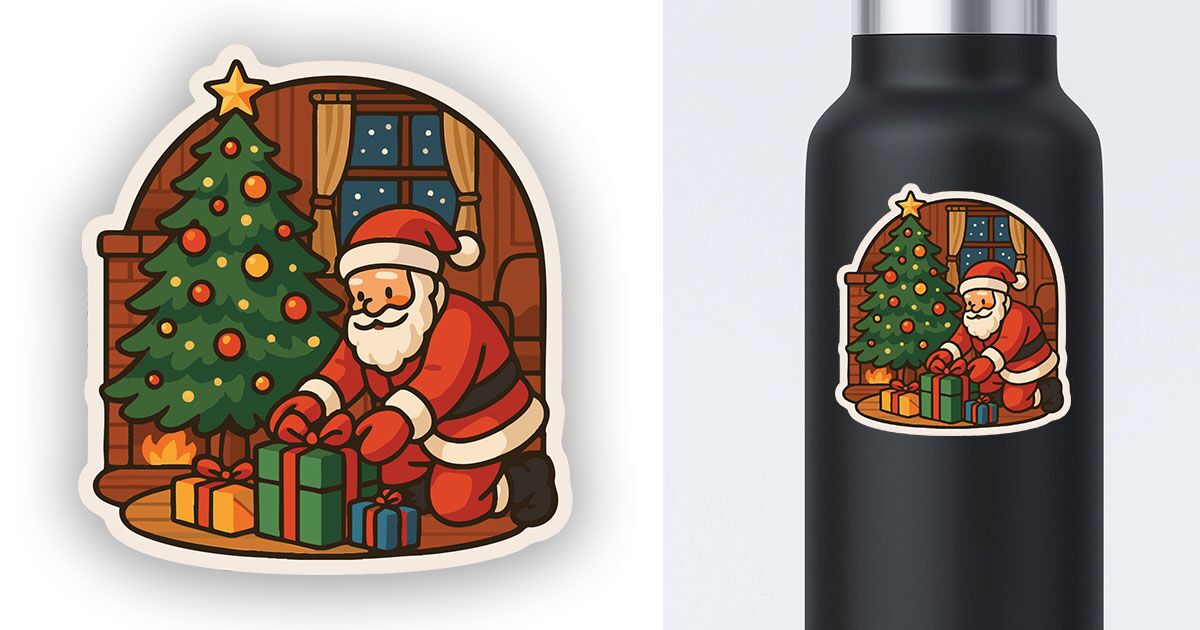 Santa Claus Sticker with presents by the tree - Image 2
