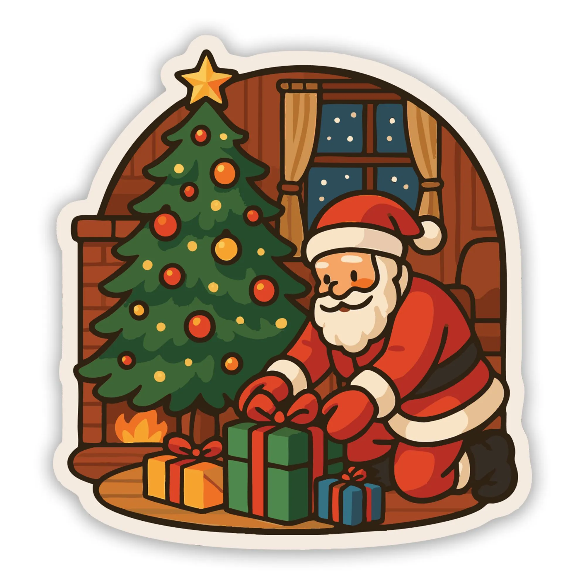 Santa Claus sticker presents by tree