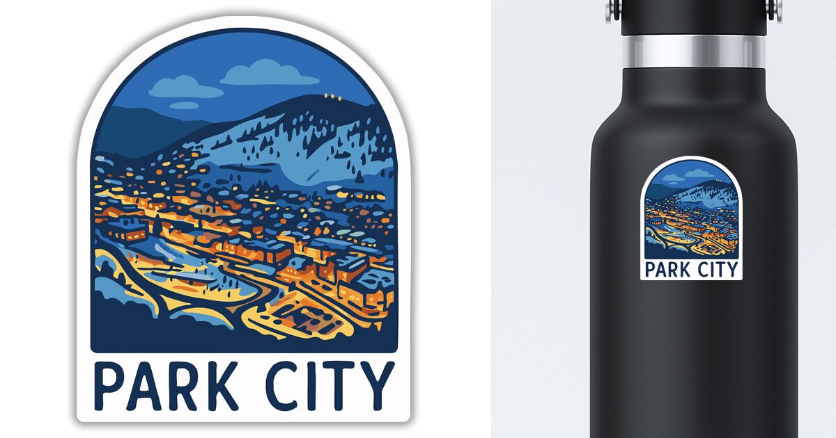 Park City sticker of the mountain resort, displayed on a water bottle
