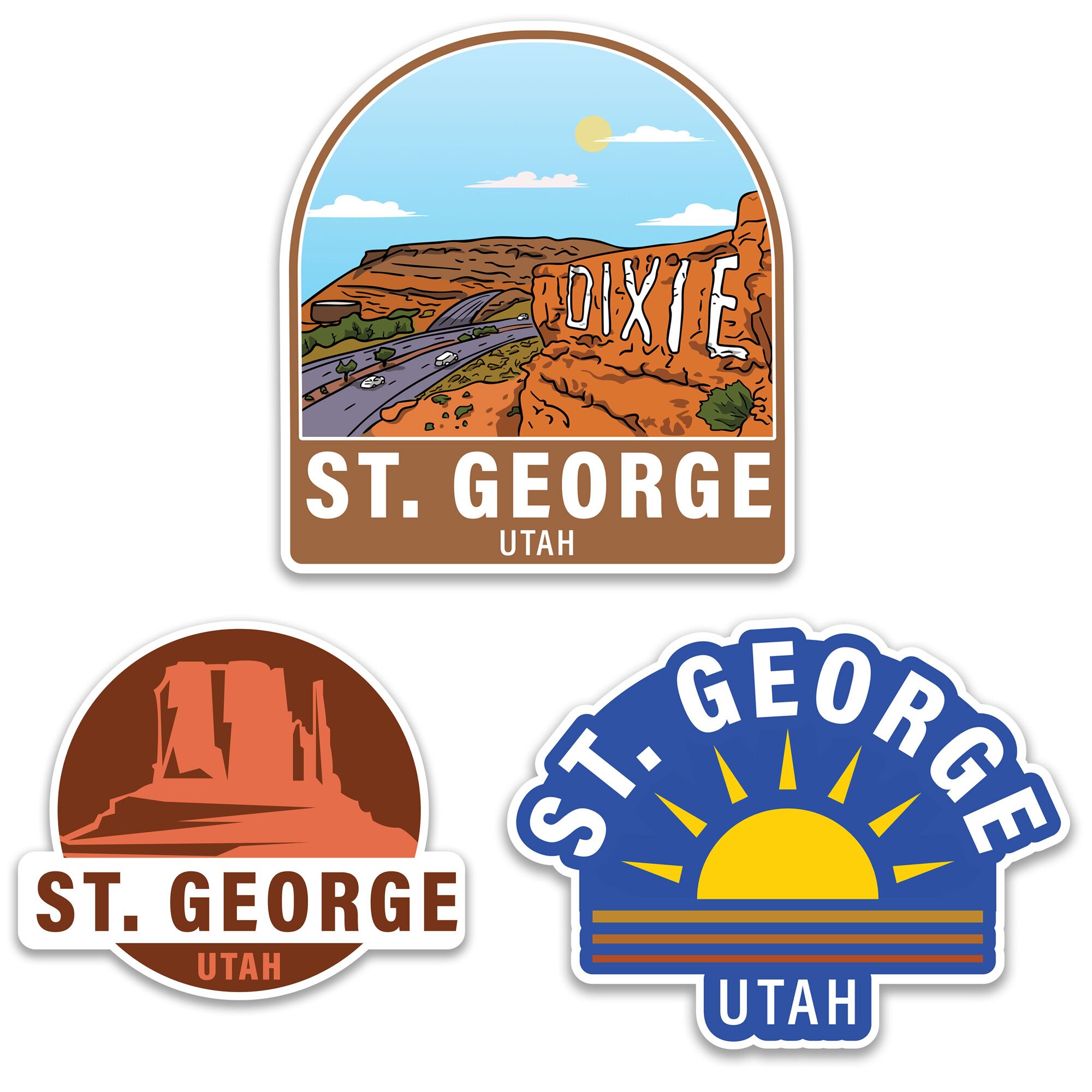 three stickers featuring Saint George, Utah