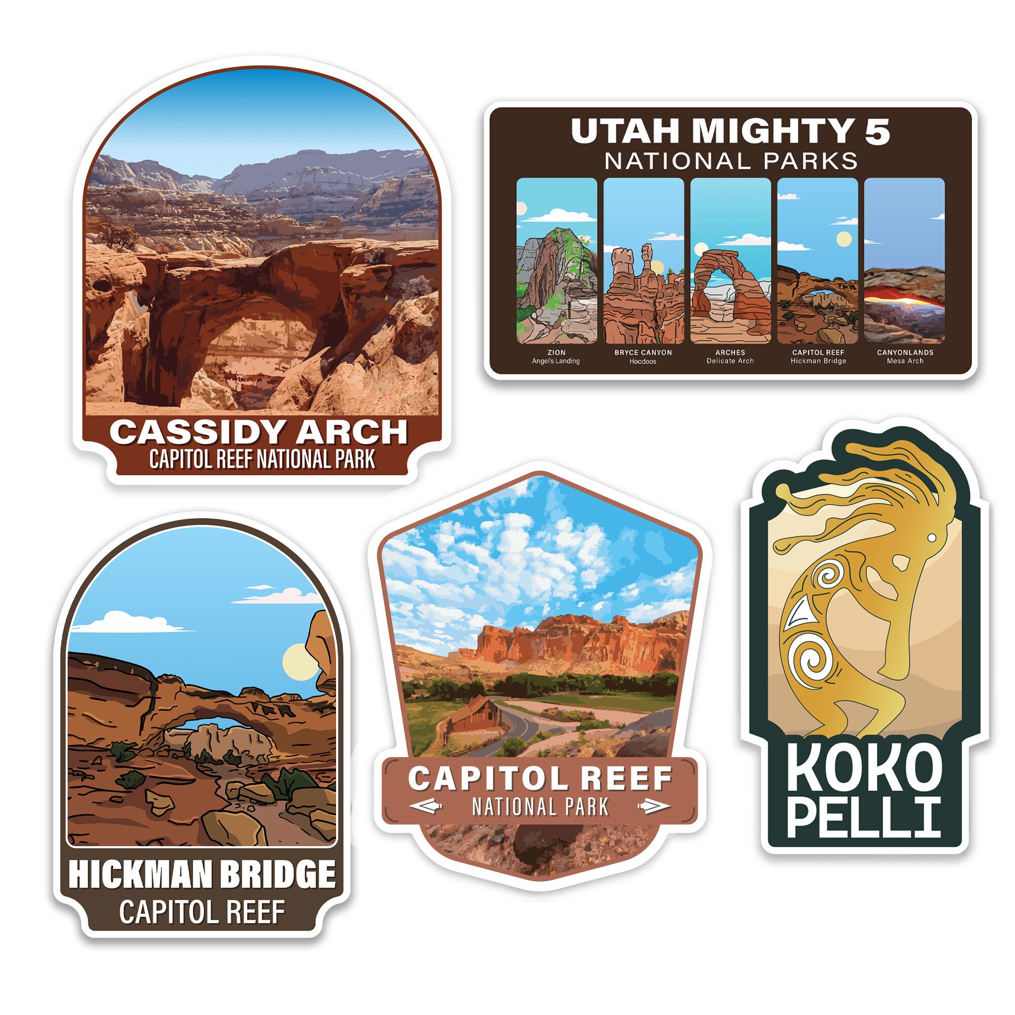bundle of five stickers featuring Capitol Reef National Park