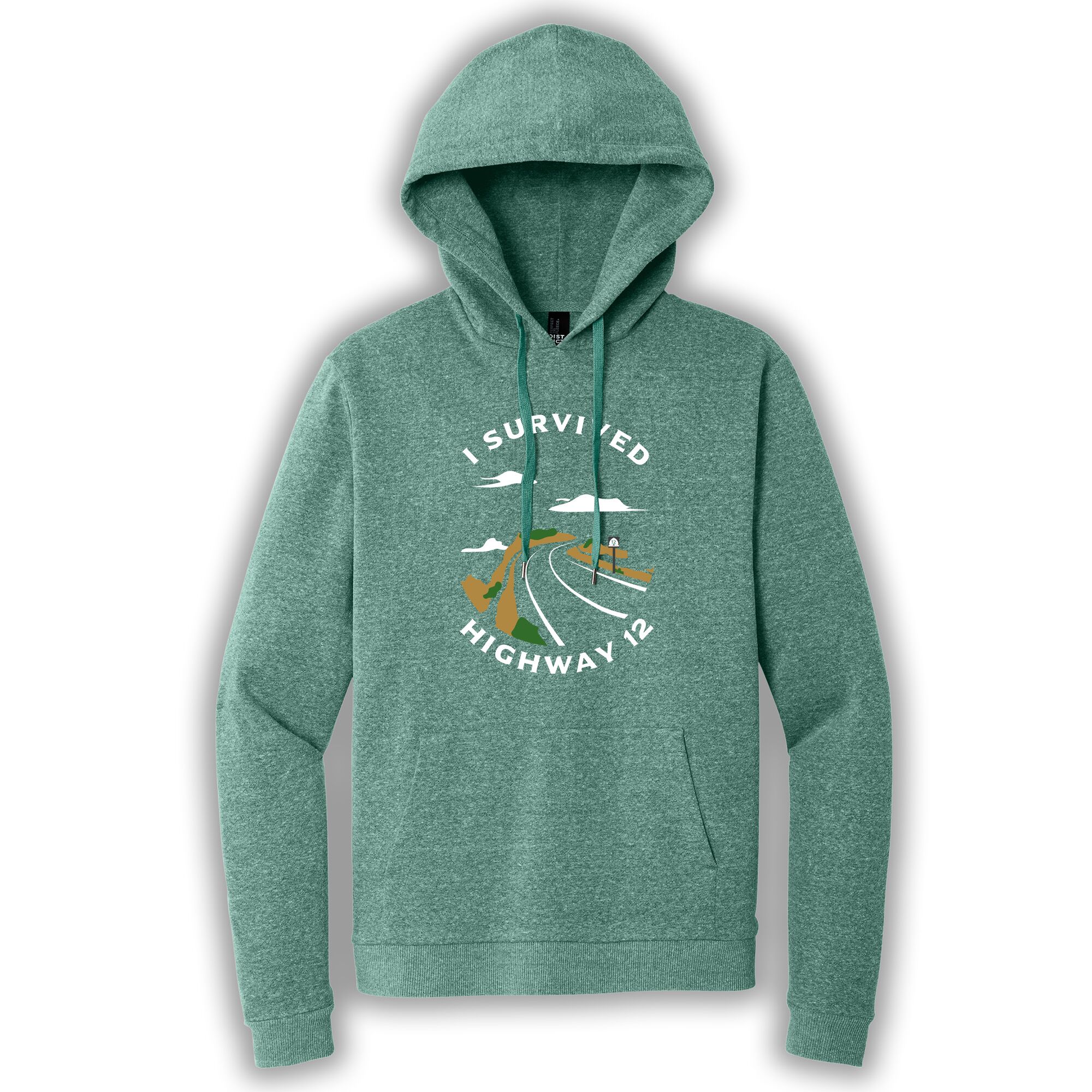eucalyptus blue pullover hoodie with the words "I survived Highway 12"