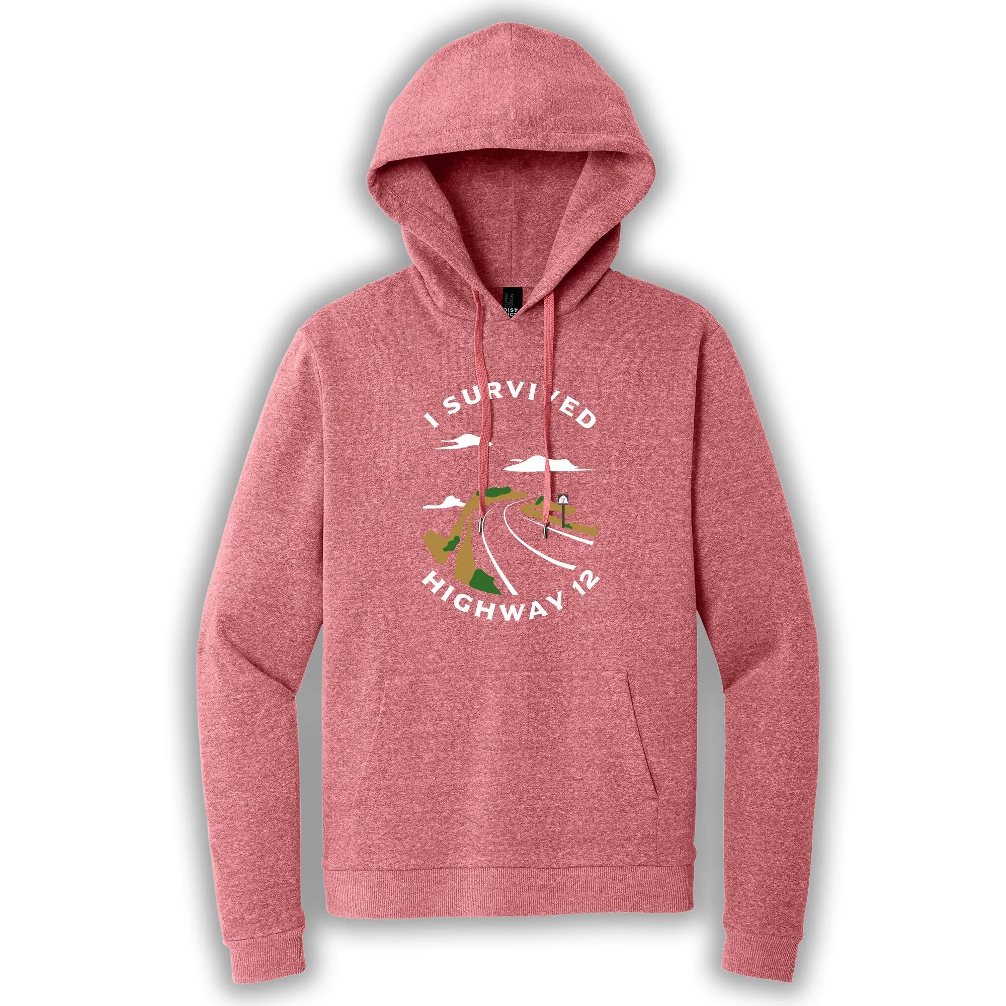 red frost pullover hoodie with the words "I survived Highway 12"