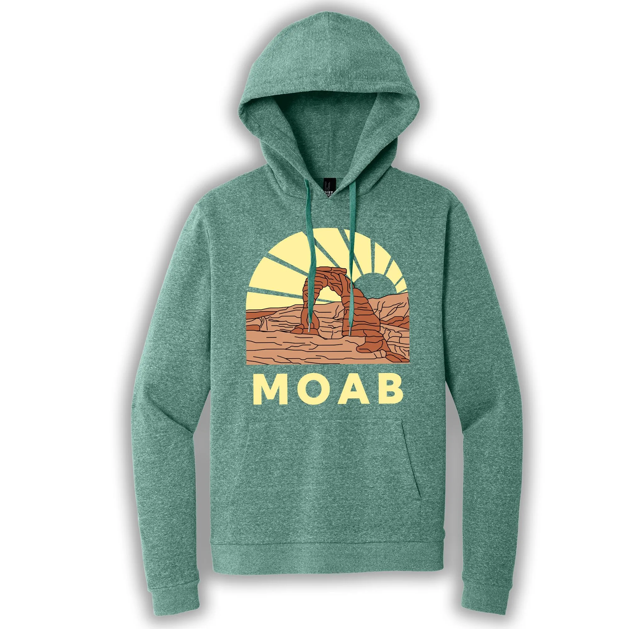Eucalyptus blue pullover hoodie with an image of Delicate Arch