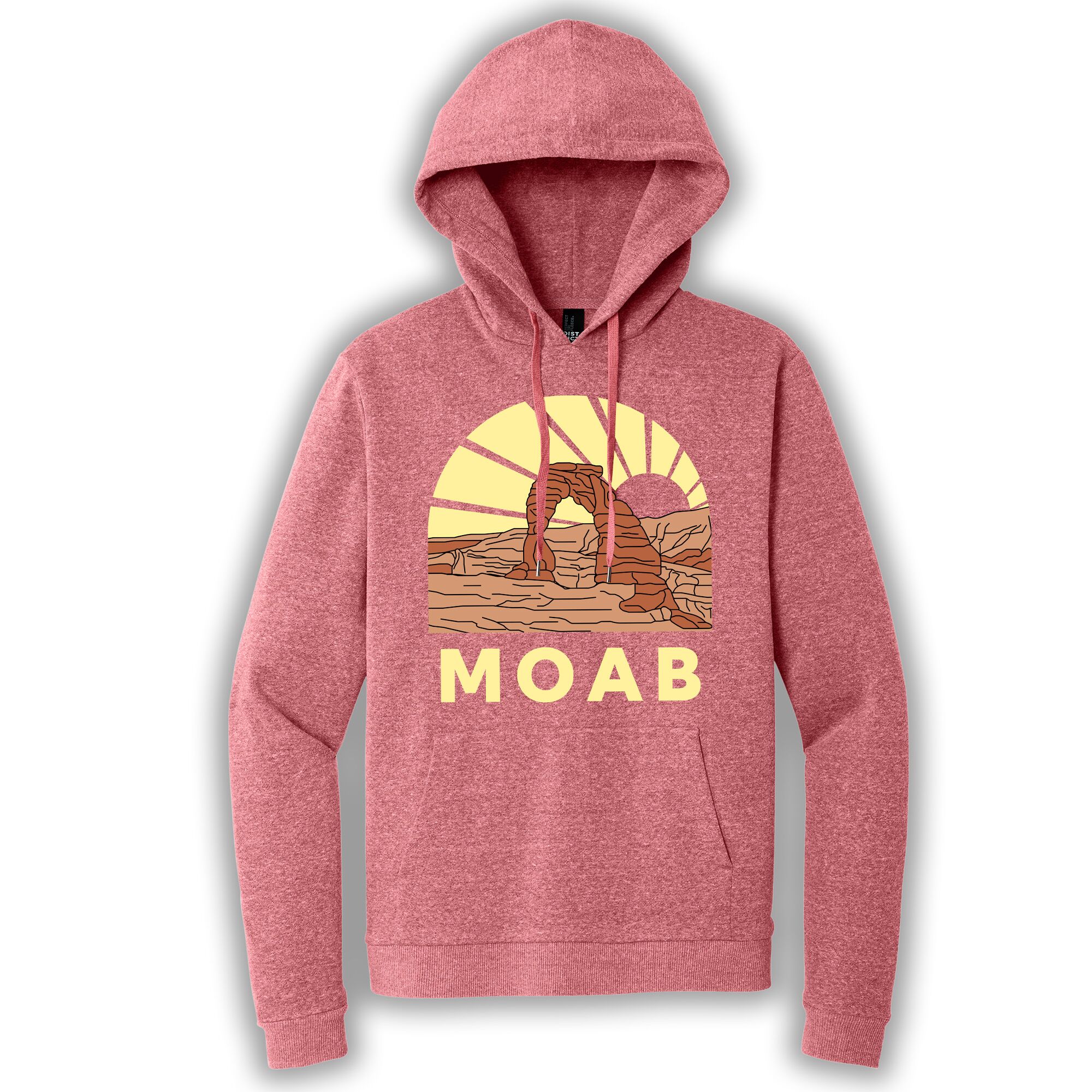 Red frost pullover hoodie with an image of Delicate Arch