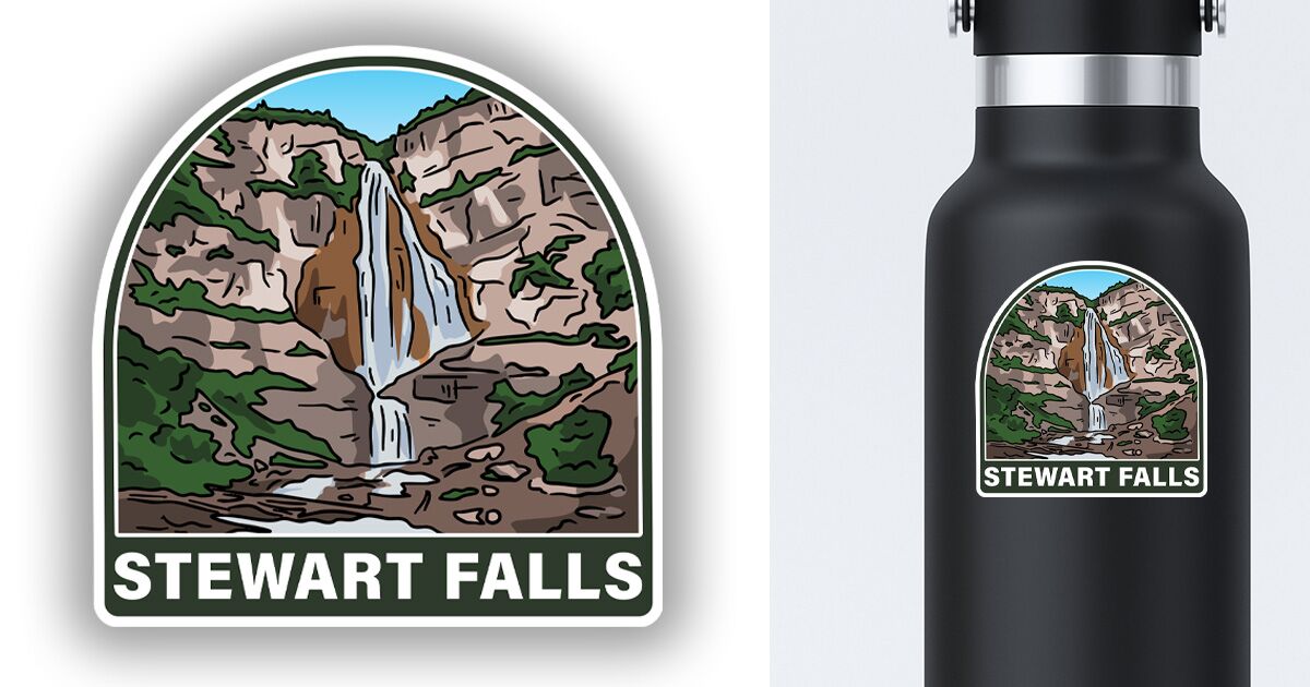 Stewart Falls sticker displayed on a water bottle