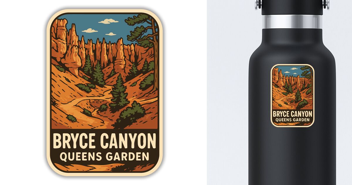 Bryce Canyon Sticker of Queens Garden displayed on a water bottle