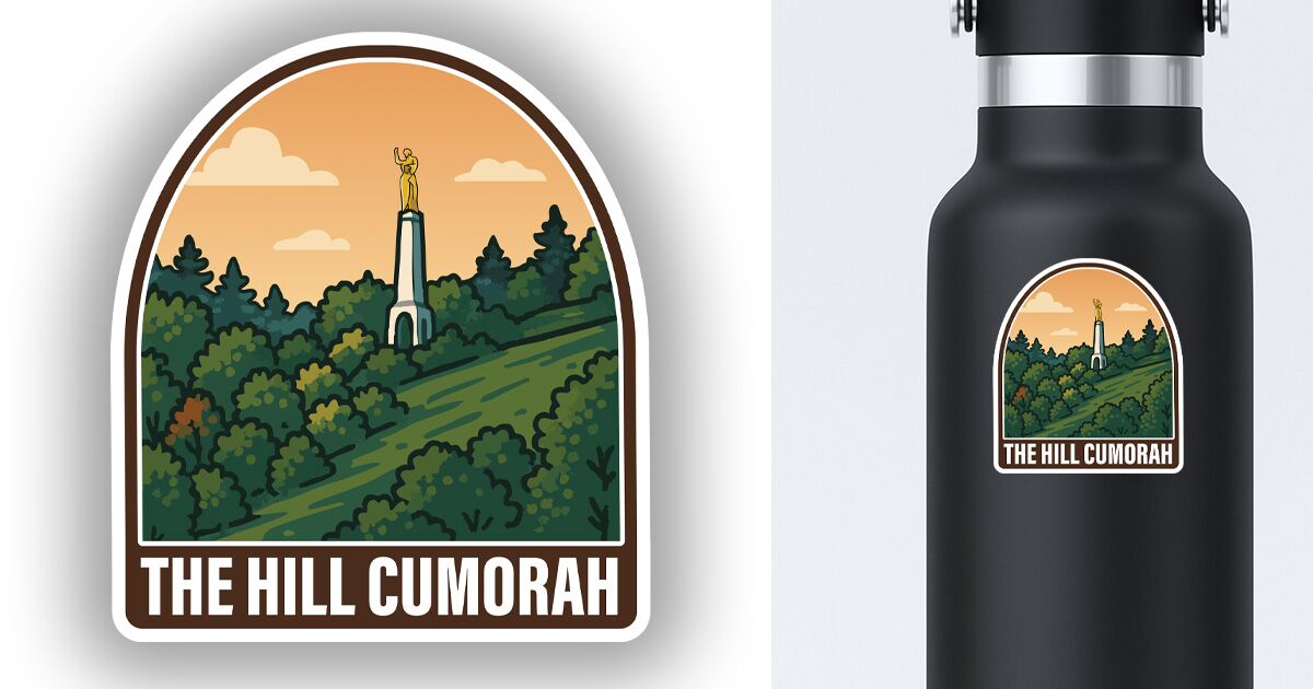 Hill Cumorah sticker of the hill and memorial displayed on a water bottle
