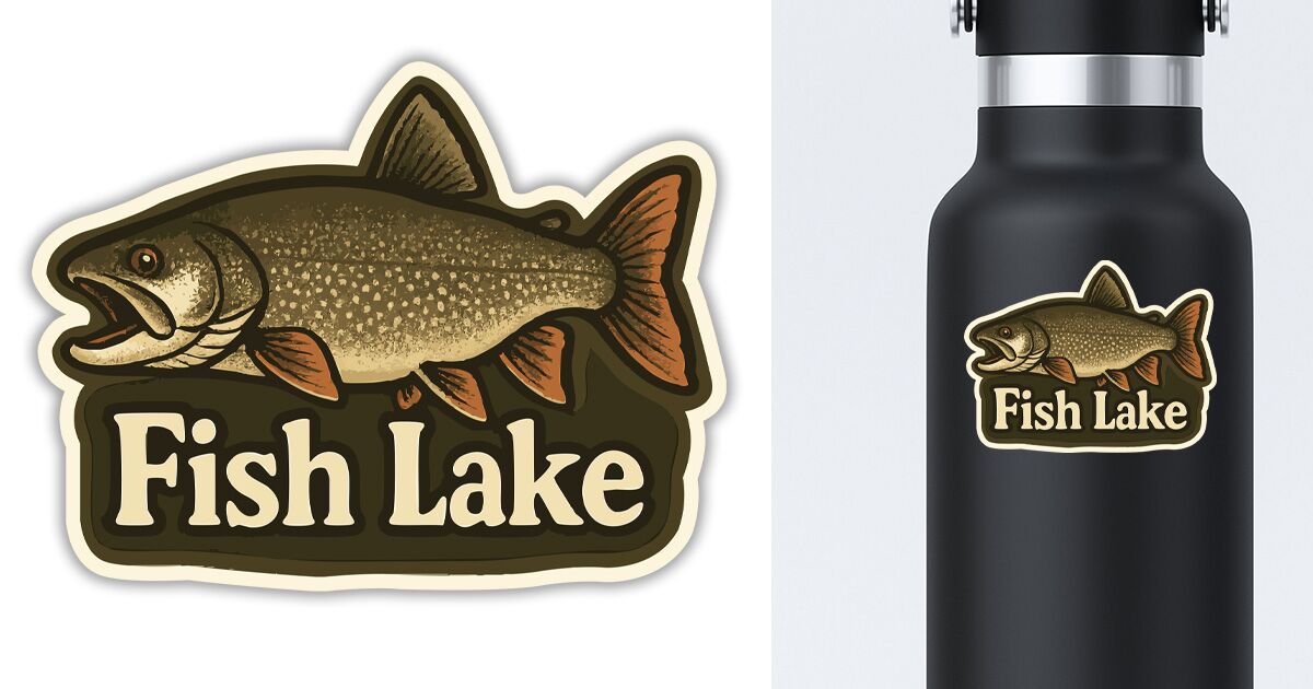 Fish Lake sticker of a trout displayed on a water bottle