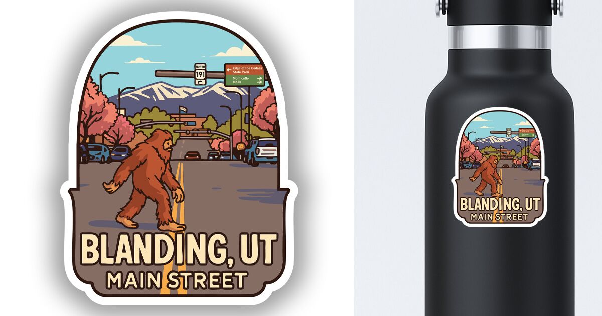 Sticker of Bigfoot walking the streets of Blanding, UT displayed on a water bottle