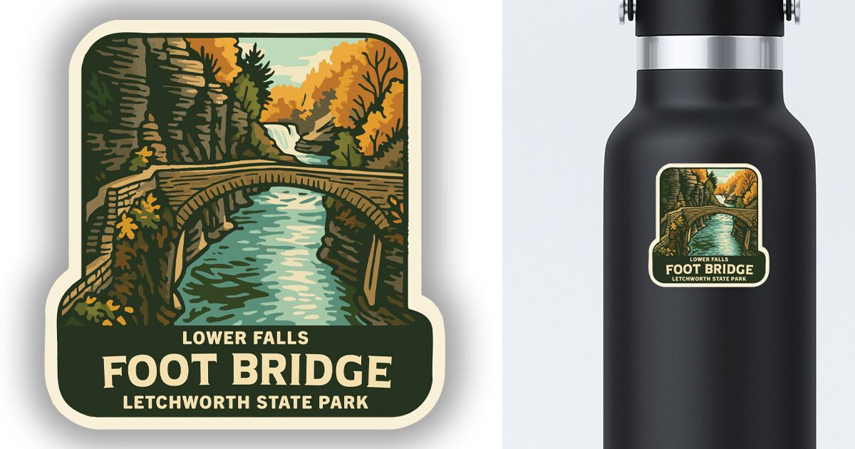 Letchworth State Park sticker featuring a view of the foot bridge displayed on a water bottle