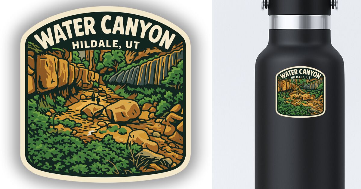 Water Canyon sticker displayed on a a water bottle