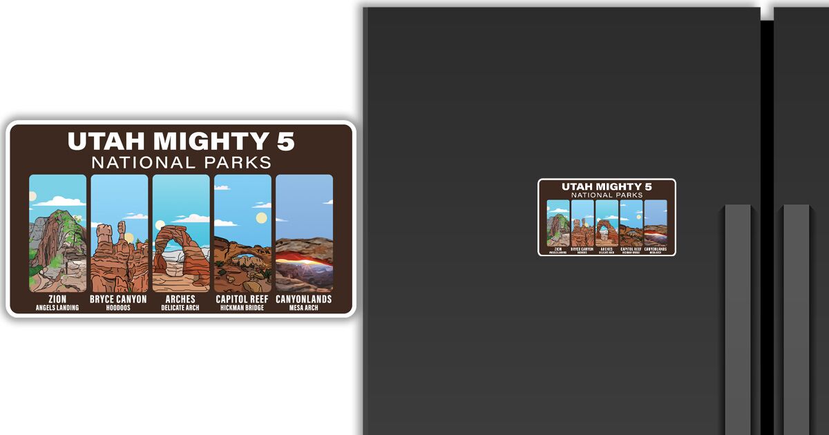 magnet featuring the Utah Mighty 5 National Parks, displayed on a refrigerator