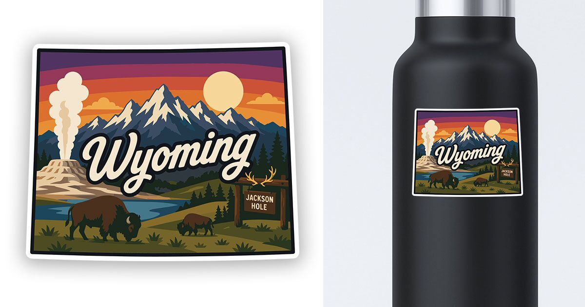 Wyoming sticker state shape with landscapes preview