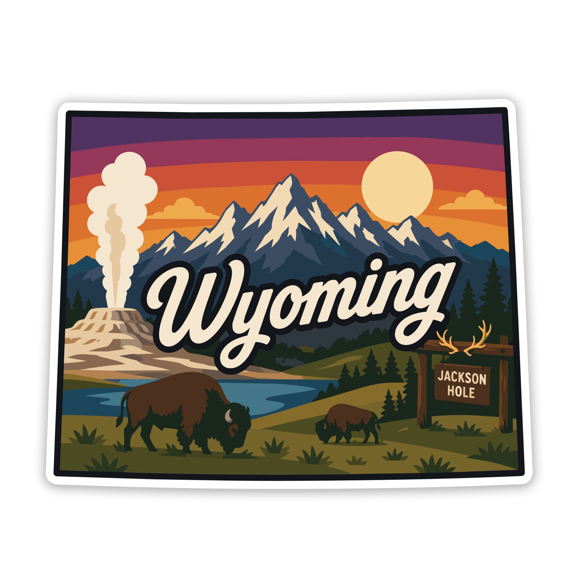 Wyoming sticker state shape with landscapes