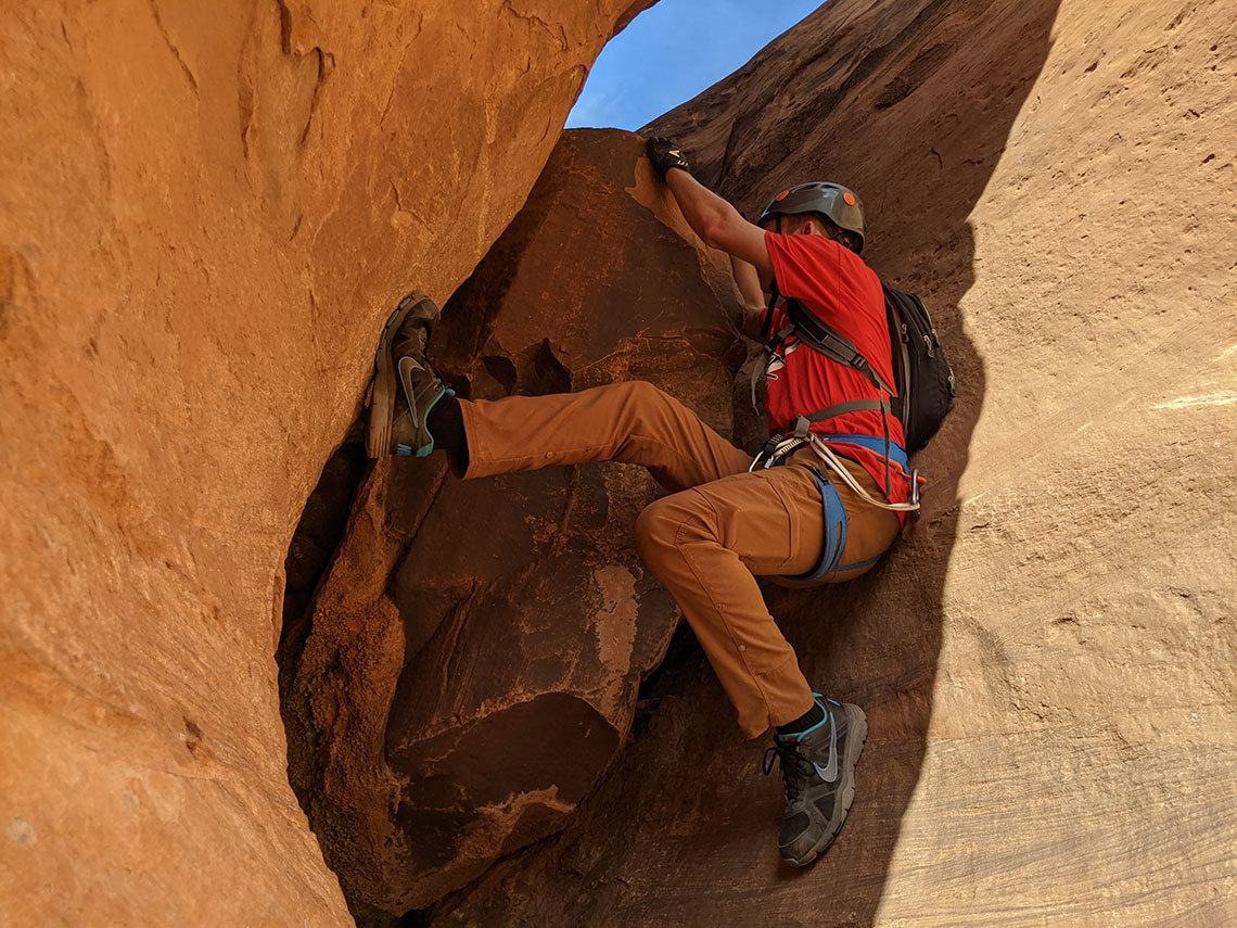 View of the first downclimb in Morocco Canyon from the bottom