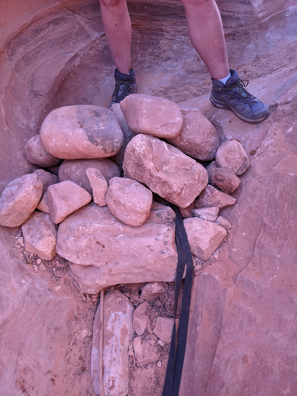 Deadman anchor for rappel 6 in Morocco Canyon