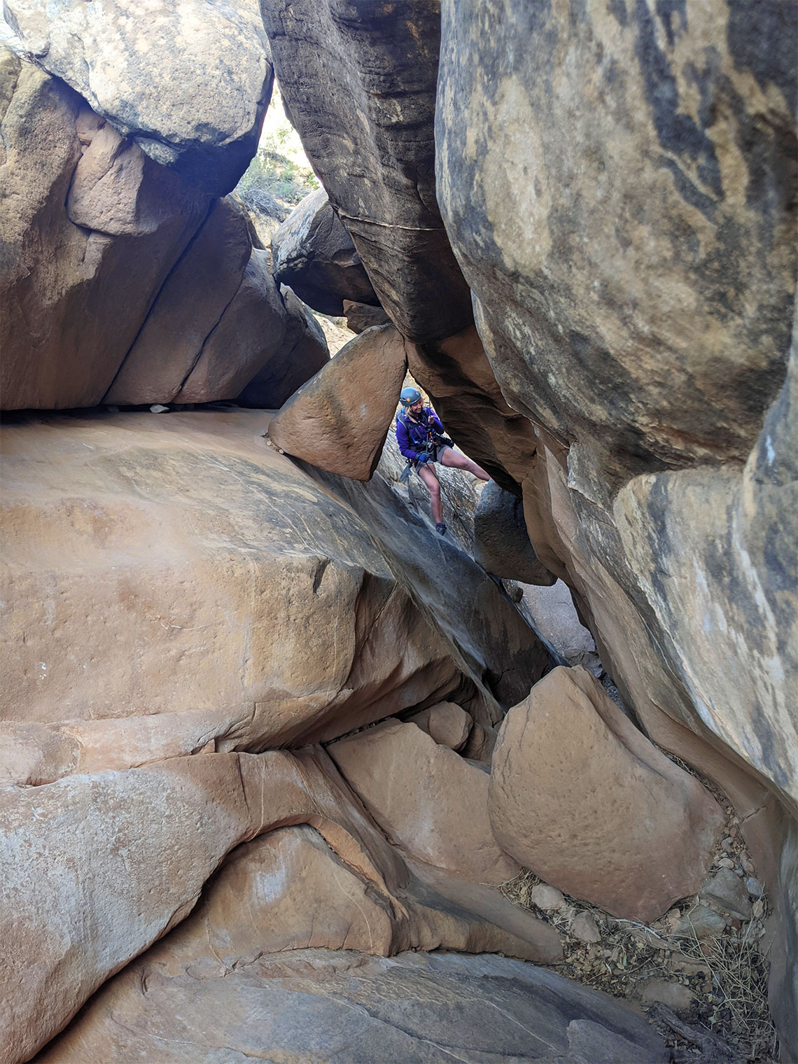 Looking through the slot on rappel 2 in Boltergeist Canyon