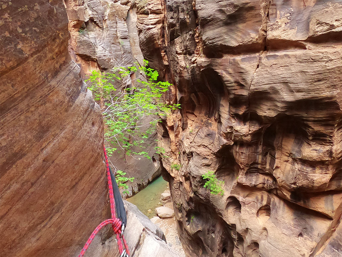 Looking down into the Narrows in Imlay Canyon from the last rappel