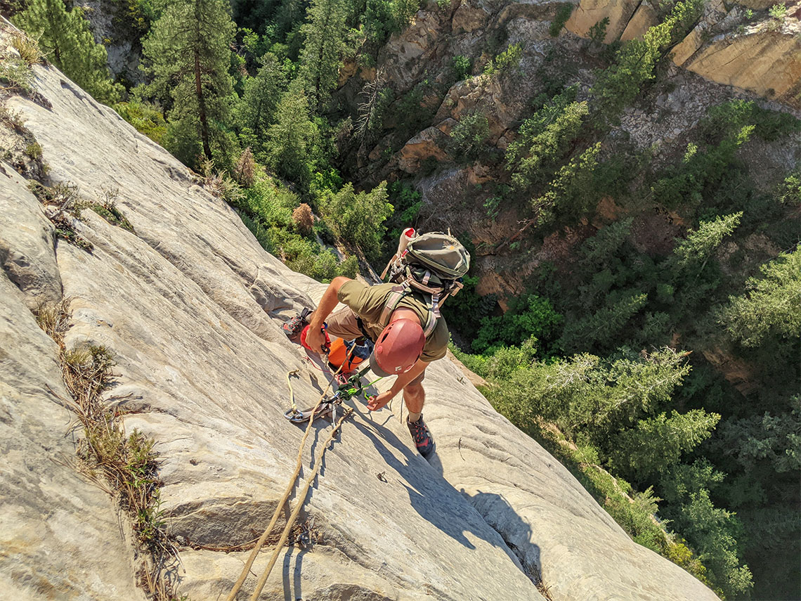 Looking down the 6th rappel in the Imlay Canyon full route