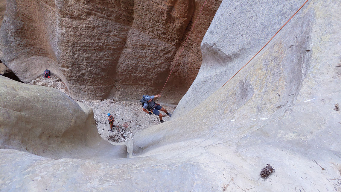 Rappelling the second stage of the first rappel in Englestead