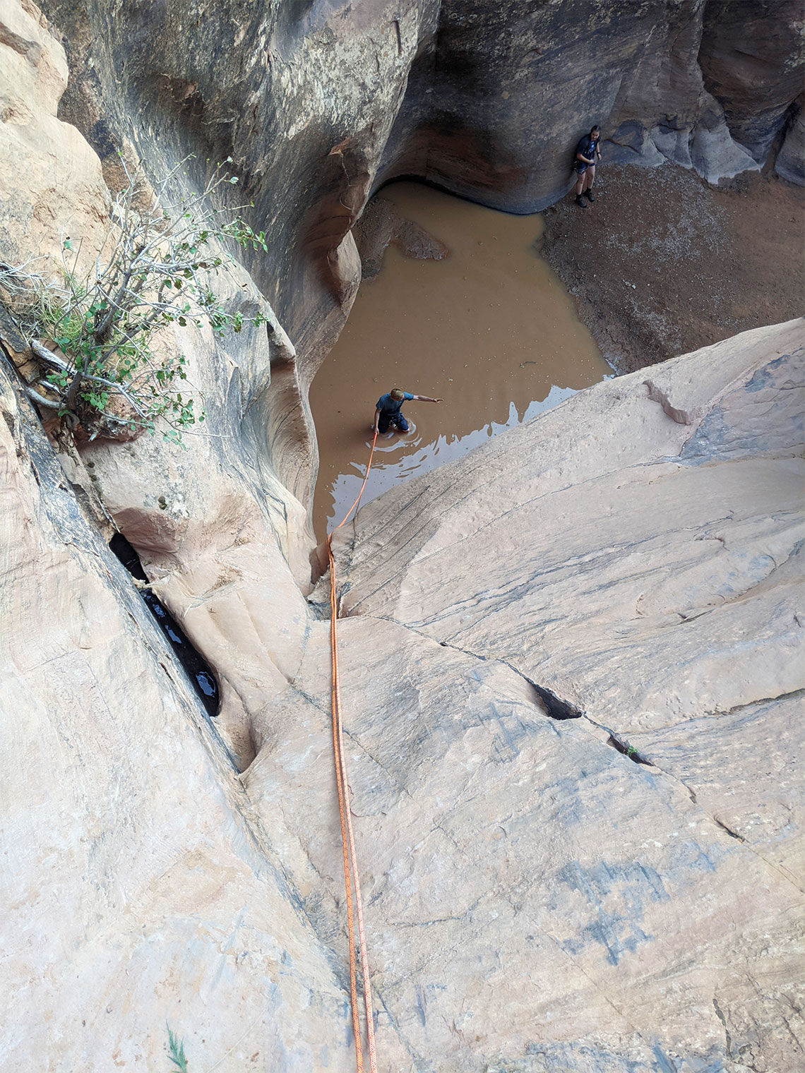 Looking down the second stage of the last rappel in Entrajo