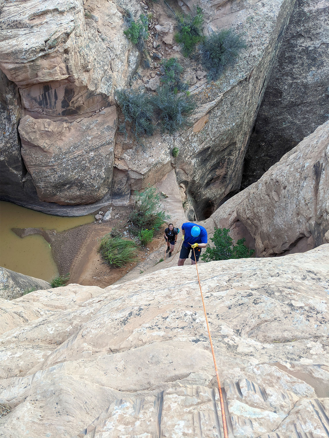 Rappelling down the first stage of the last rappel in Entrajo Canyon