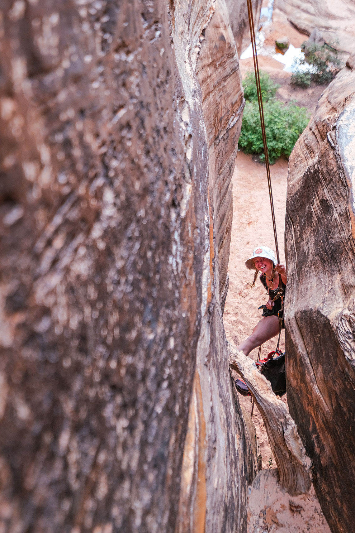 Looking through the tight slot on rappel 9 in Water Canyon