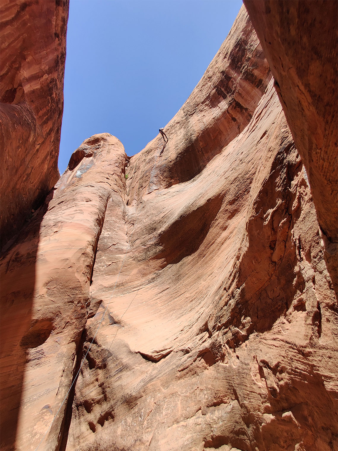 Looking up the first rappel in Pool Arch Canyon in Moab