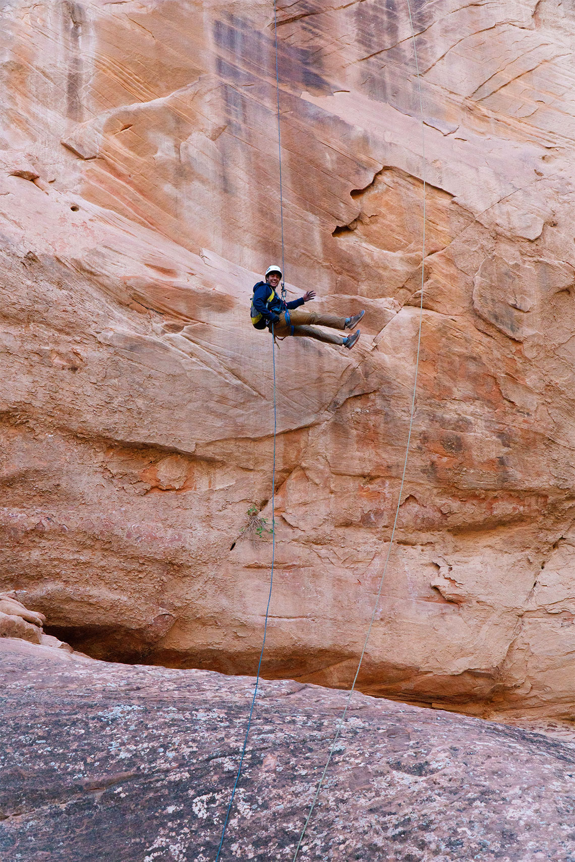 Free-hanging on the 5th rappel in Boltergeist Canyon